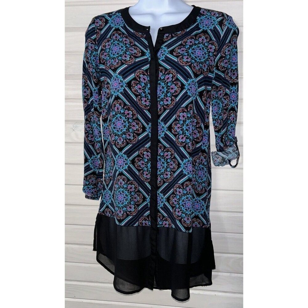Daniel Rainn Sz XS Blue Black Mandala Print Chiffon Hem Roll Tab Slv Blouse EUC